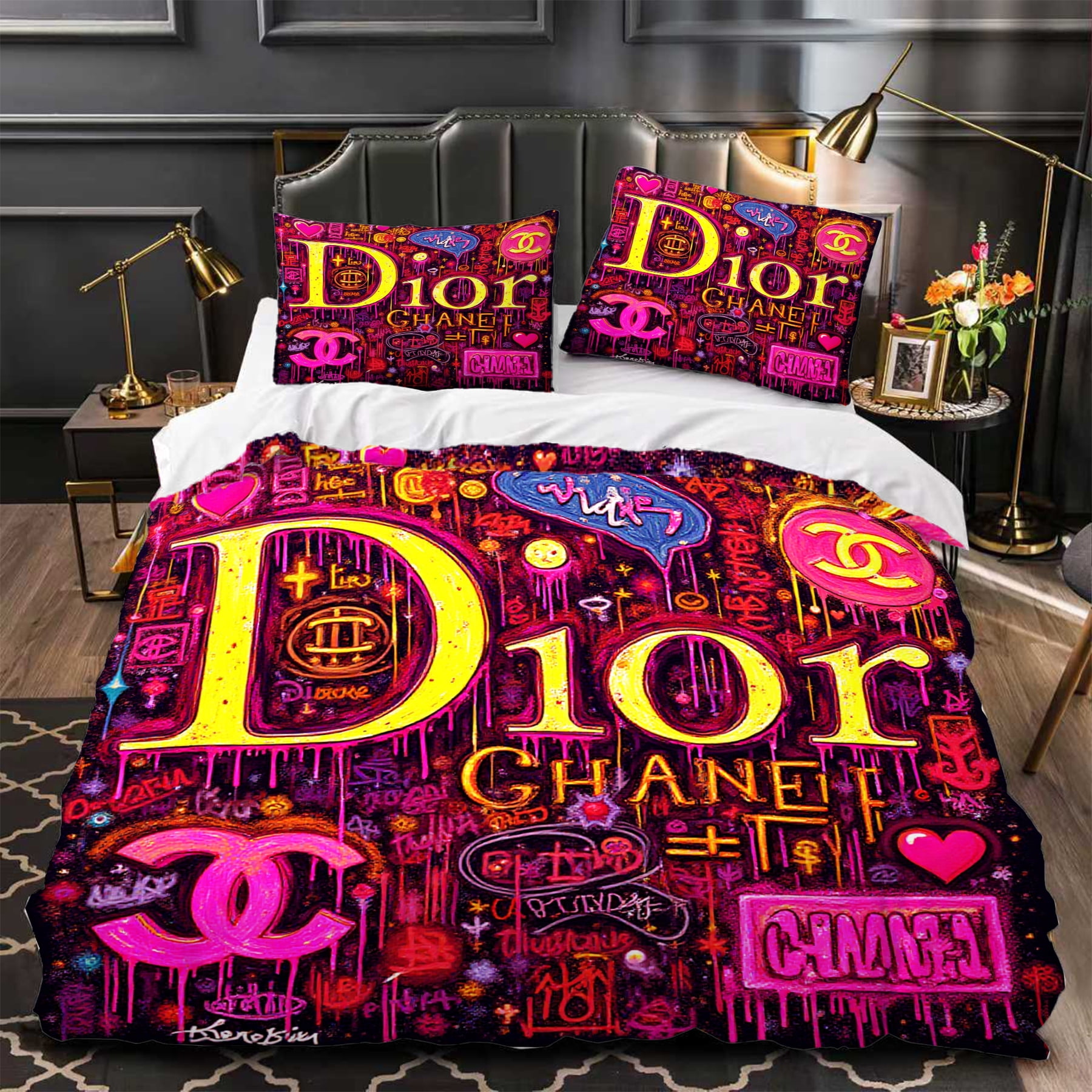 3-Piece Duvet Cover Set - Vibrant Graffiti Design with Neon Colors ...