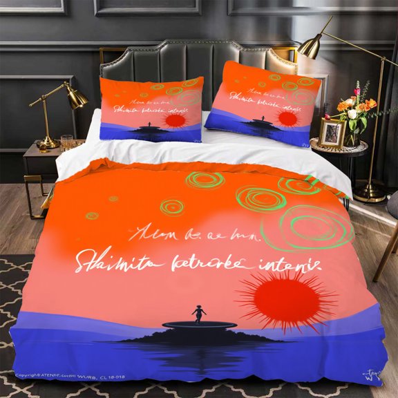 3-Piece Duvet Cover Set - Vibrant Orange Sunset Scene with Silhouette Design Matching Pillows Modern Aesthetic for Stylish Bedrooms