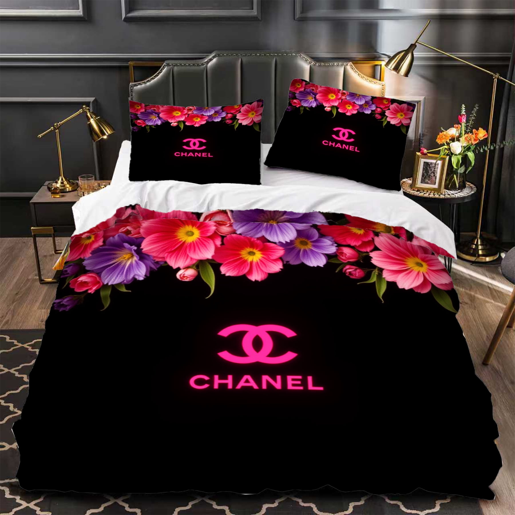 3-Piece Duvet Cover Set - Vibrant Pink & Purple Flowers on Black ...