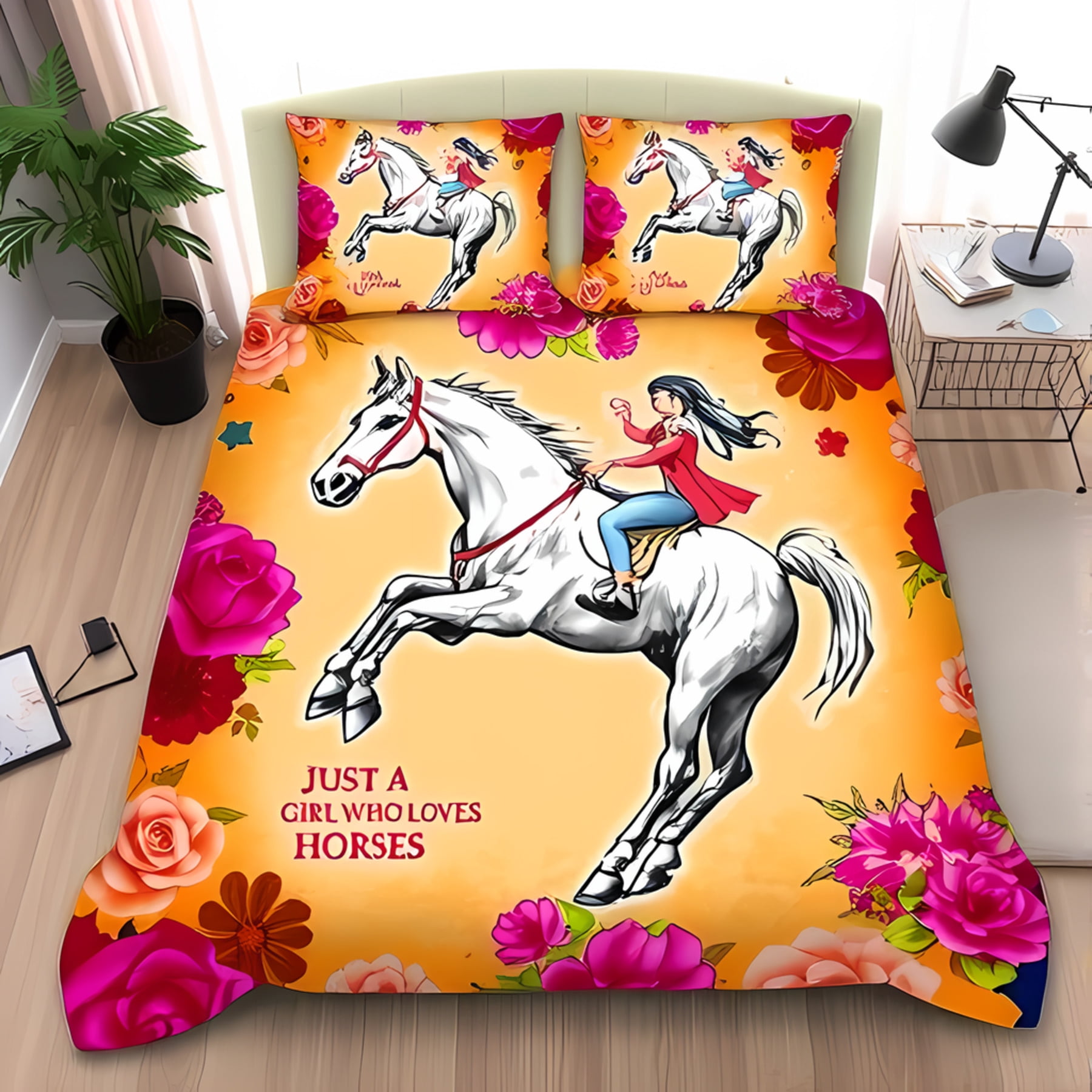 Equestrian Floral Pattern Print Duvet Cover Bedding Set main image 1