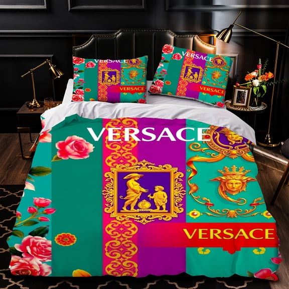 3-Piece Duvet Cover Set - Vibrant Teal Pink & Gold Floral Patterns with Classical Motifs