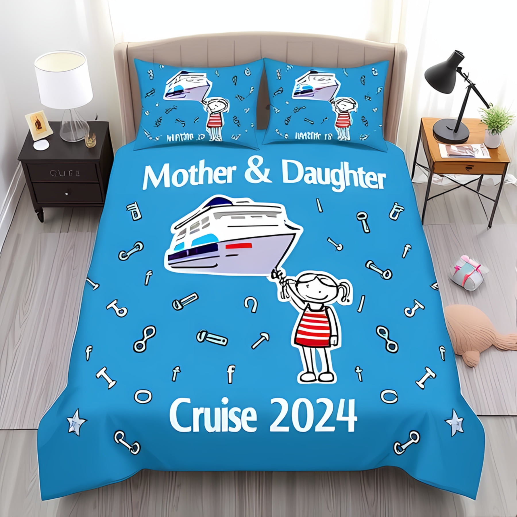 3-Piece Duvet Cover Set - Whimsical Mother-Daughter Cruise Design with ...
