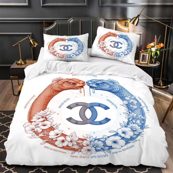 3-Piece Duvet Cover Set - White with Intertwined Red & Blue Snakes Floral Patterns Central Modern Bedroom Decor