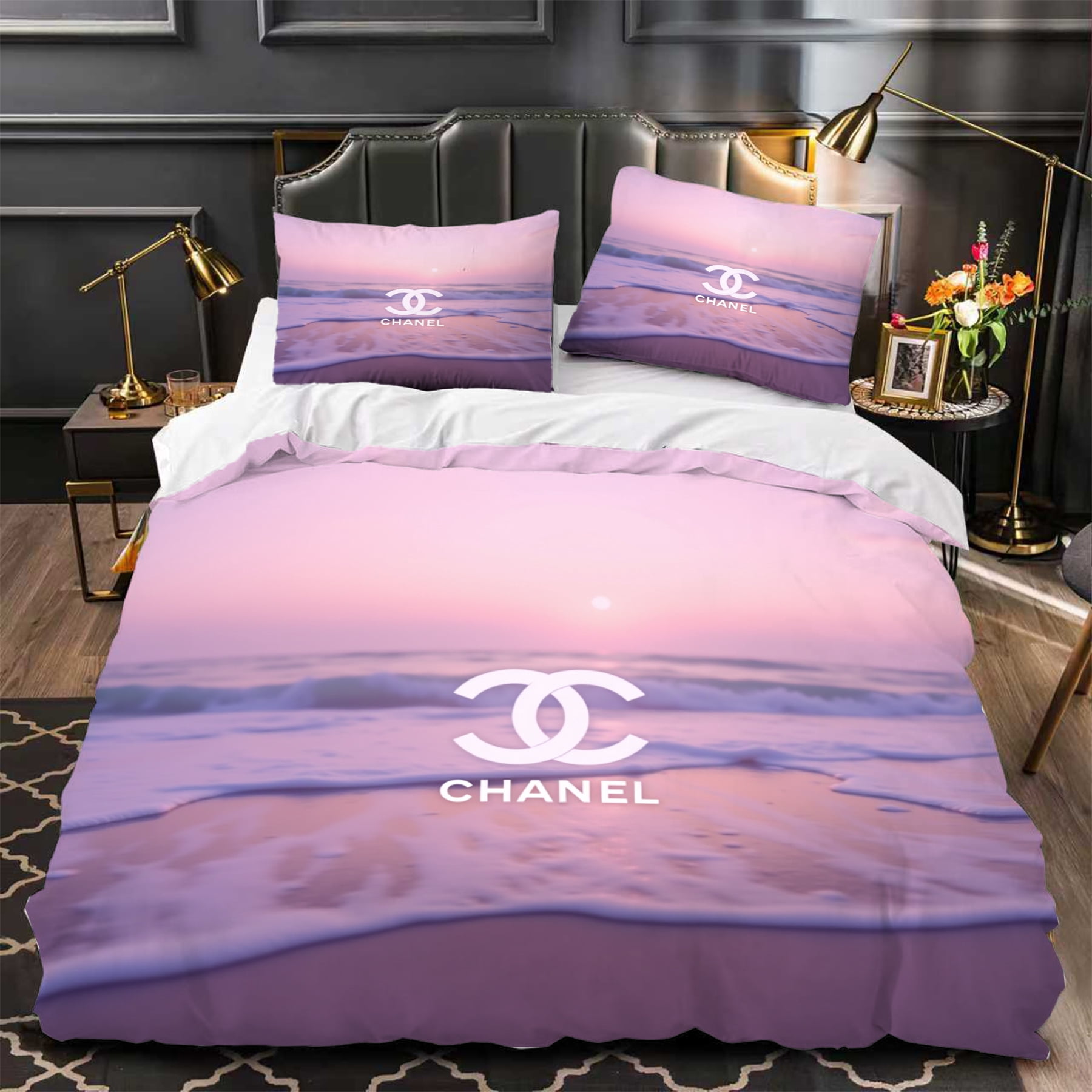 3-Piece Duvet Cover Set with Beach Sunset Design Pink & Purple Colors ...