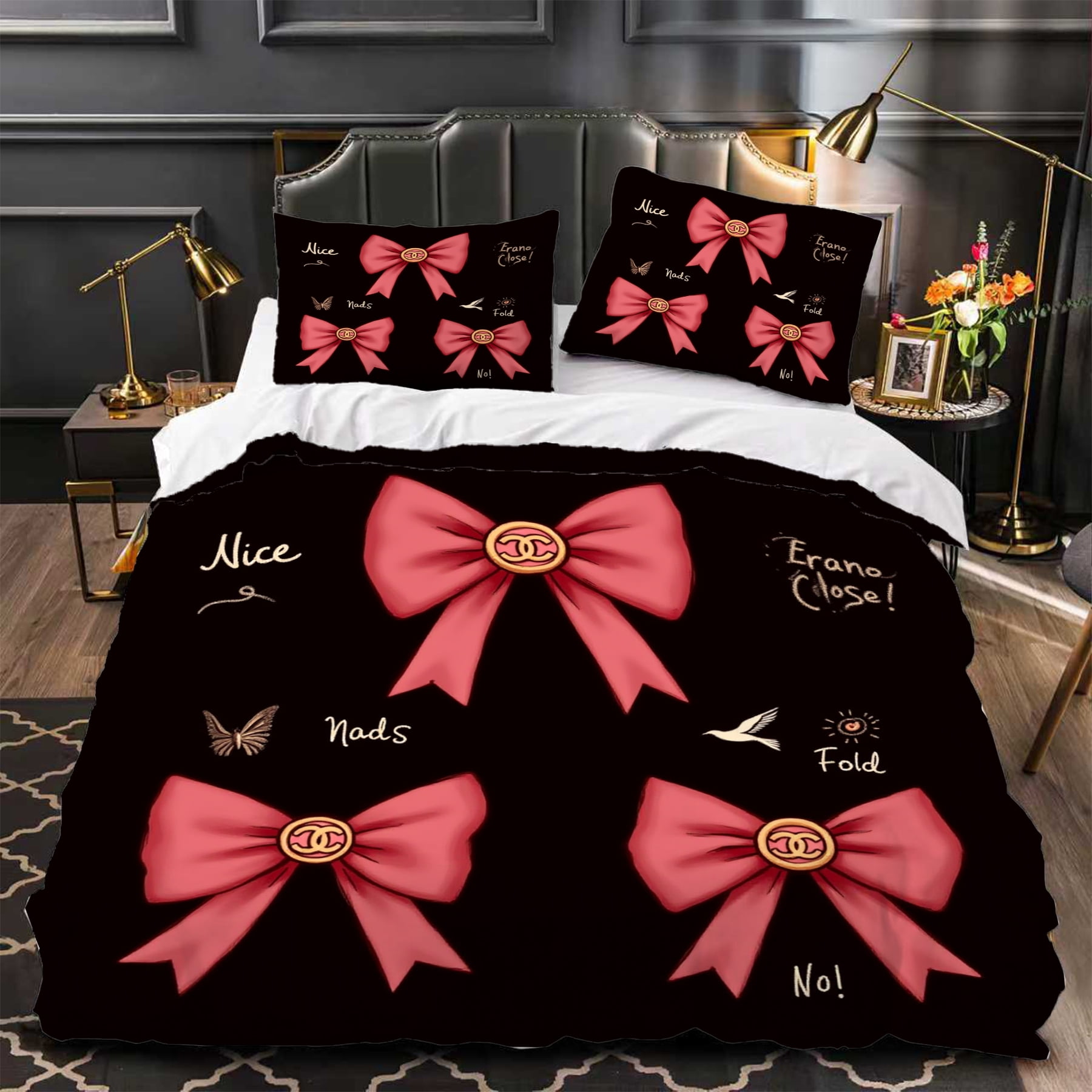 3-Piece Duvet Cover Set with Black Background Large Pink Bows Whimsical ...