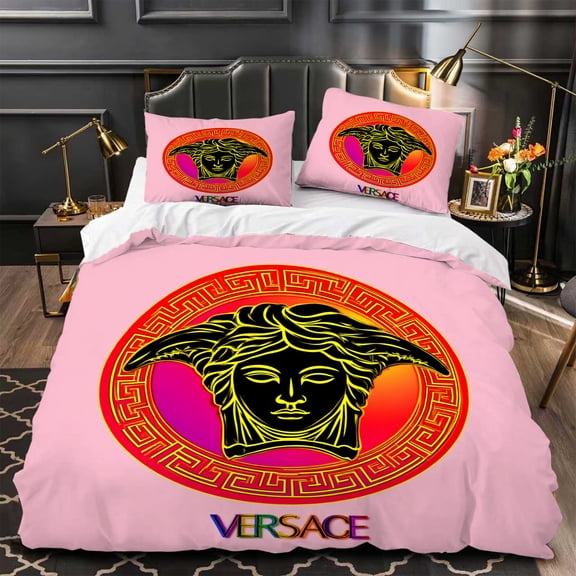 3-Piece Duvet Cover Set with Bold Stylized Face & Greek Key Pattern Luxurious Pink Bedding for Modern Bedroom Decor