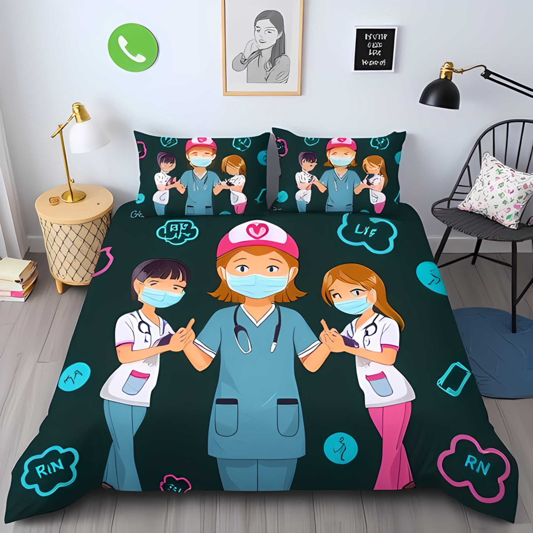 Fun Scrub Design 3-Piece Duvet Cover Set with Cartoon Professionals in Scrubs Whimsical ...