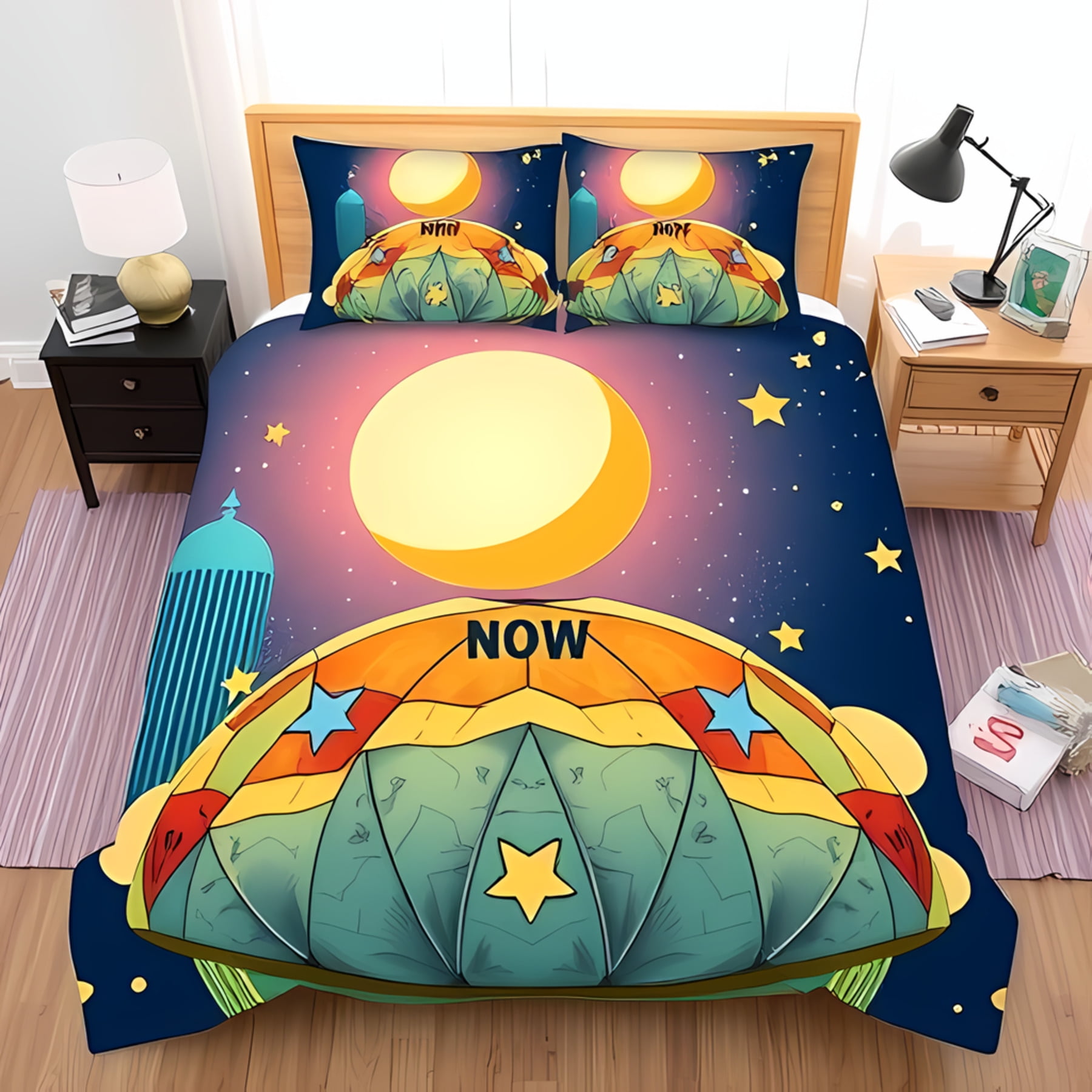 3-Piece Duvet Cover Set with Colorful Moon and Whimsical Hot Air Design