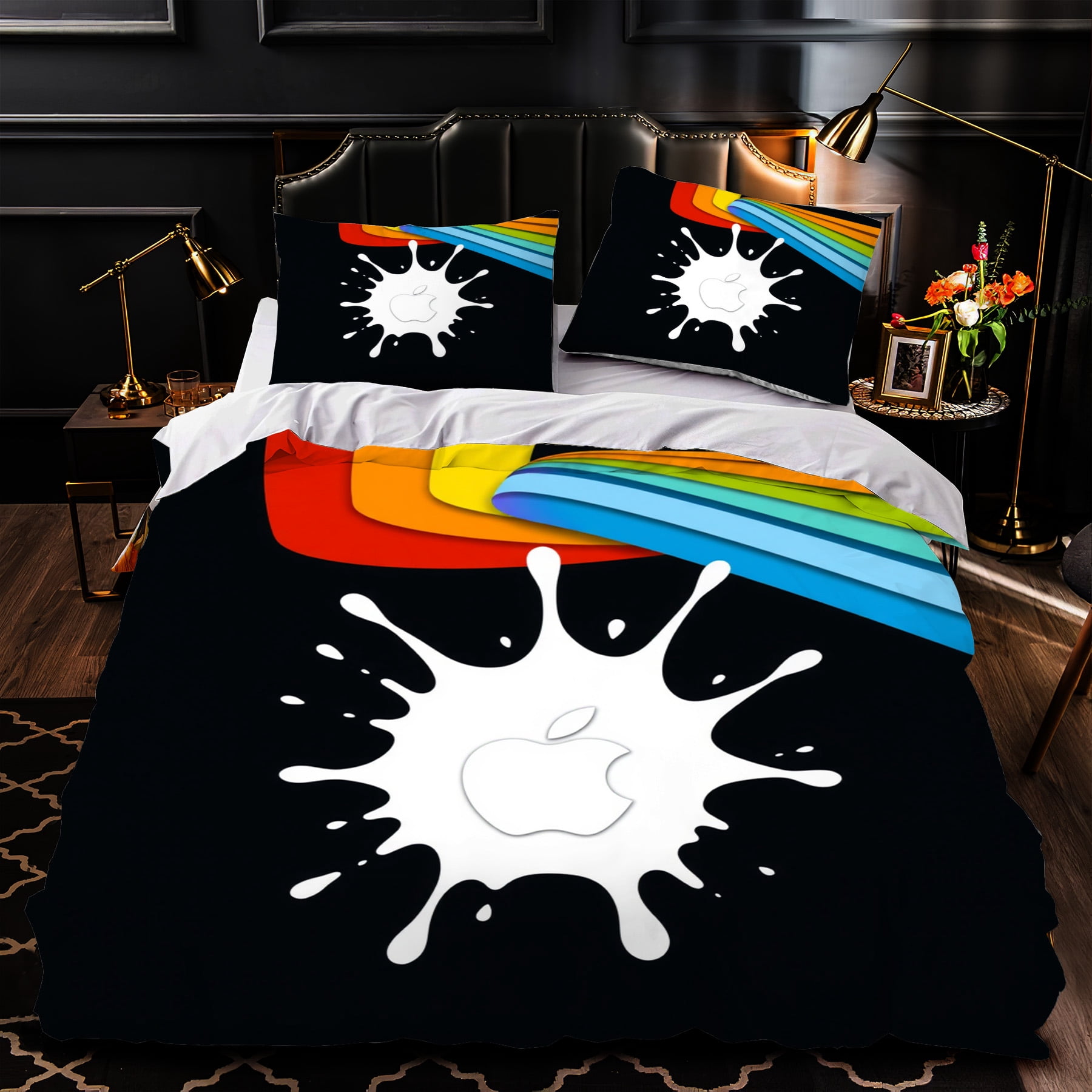 3-Piece Duvet Cover Set with Colorful Stripes Design on Black
