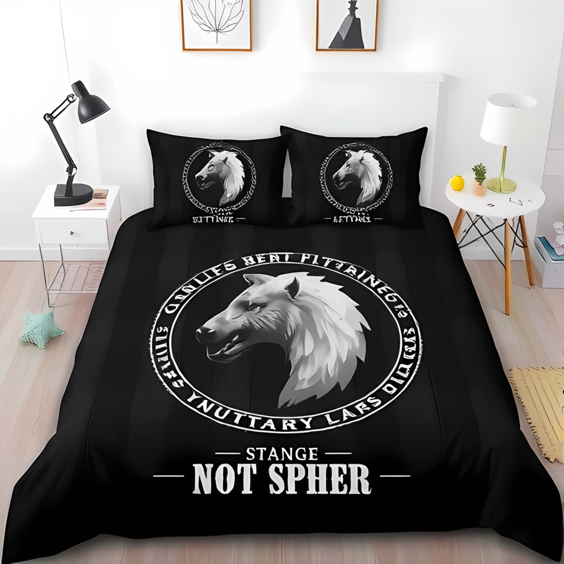 3-Piece Duvet Cover Set with Design & Horses Dark Wood-Grain Background ...