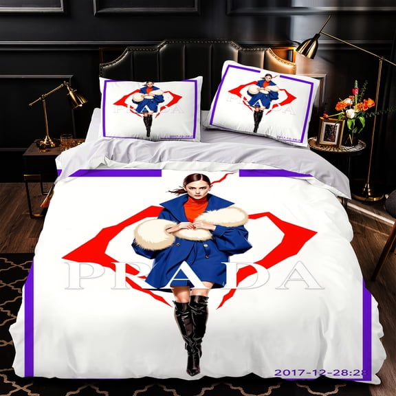 3-Piece Duvet Cover Set with Elegant Blue Coat Design Fluffy White Accessories Matching Pillows Modern Dark Aesthetic