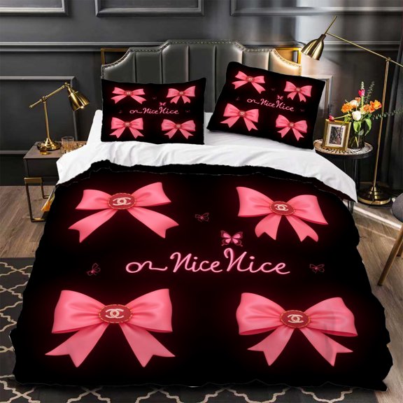 3-Piece Duvet Cover Set with Elegant Pink Bow Design & " On Nice Nice " Cursive Perfect for Modern Bedrooms Soft & Stylish