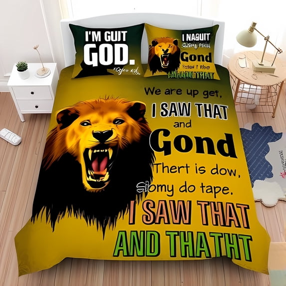 3-Piece Duvet Cover Set with Fierce Lion Graphic & Text Phrases - Bold Colorful Bedding for a Fun Bedroom Atmosphere