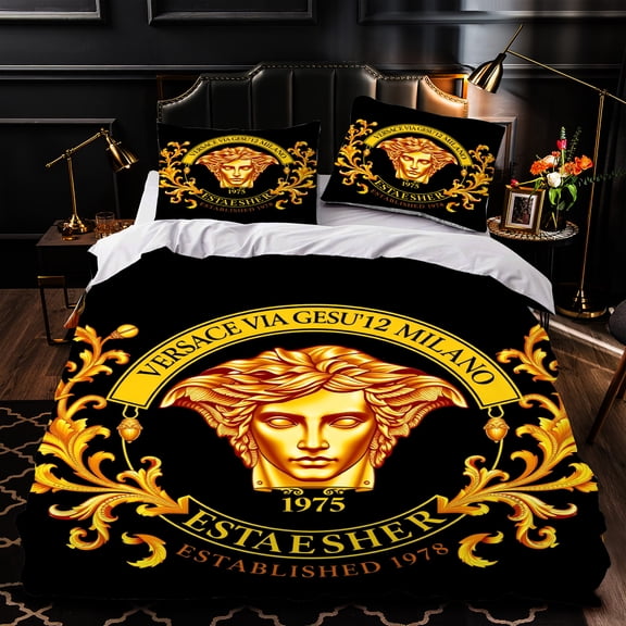 3-Piece Duvet Cover Set with Golden Design Black Bedding Elegant Bedroom Decor