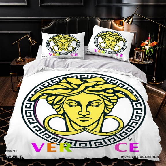 3-Piece Duvet Cover Set with Golden Stylized Face & Greek Key Pattern Colorful Design Elegant Bedroom Decor