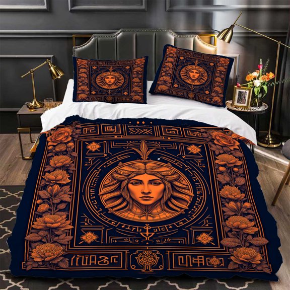 3-Piece Duvet Cover Set with Intricate Floral and Geometric Patterns Central Portrait Design Modern Gray Aesthetic Elegant Bedroom Decor