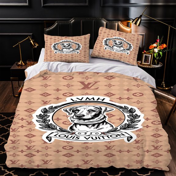 3-Piece Duvet Cover Set with Large Dog Design Surrounded by Laurel Branches LVHM & Text Stylish Bedroom Decor