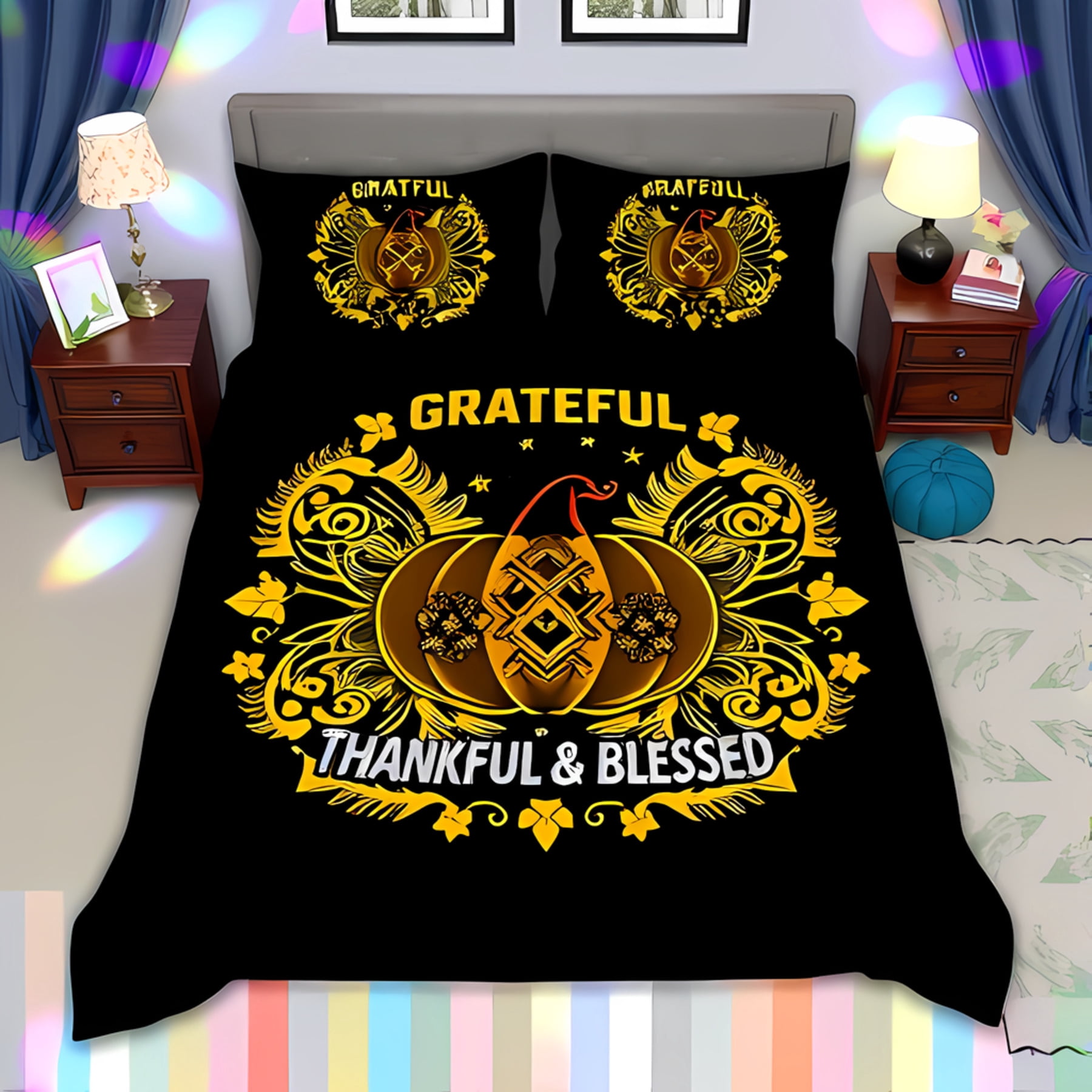 3-Piece Duvet Cover Set with Large Pumpkin Design & Golden Floral ...