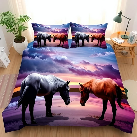 3-Piece Duvet Cover Set with Majestic Black and Reddish-Brown Horses at Sunset - Nature Inspired Bedding for Horse Lovers