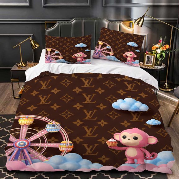 3-Piece Duvet Cover Set with Playful Monkey & Ferris Wheel Pattern Brown & Gold Design Modern Aesthetic for Stylish Bedrooms