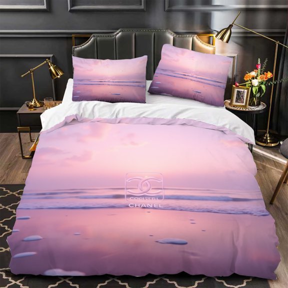 3-Piece Duvet Cover Set with Serene Beach Sunset Design in Soft Pink & Purple Hues Includes Matching Pillows Modern Chic Style