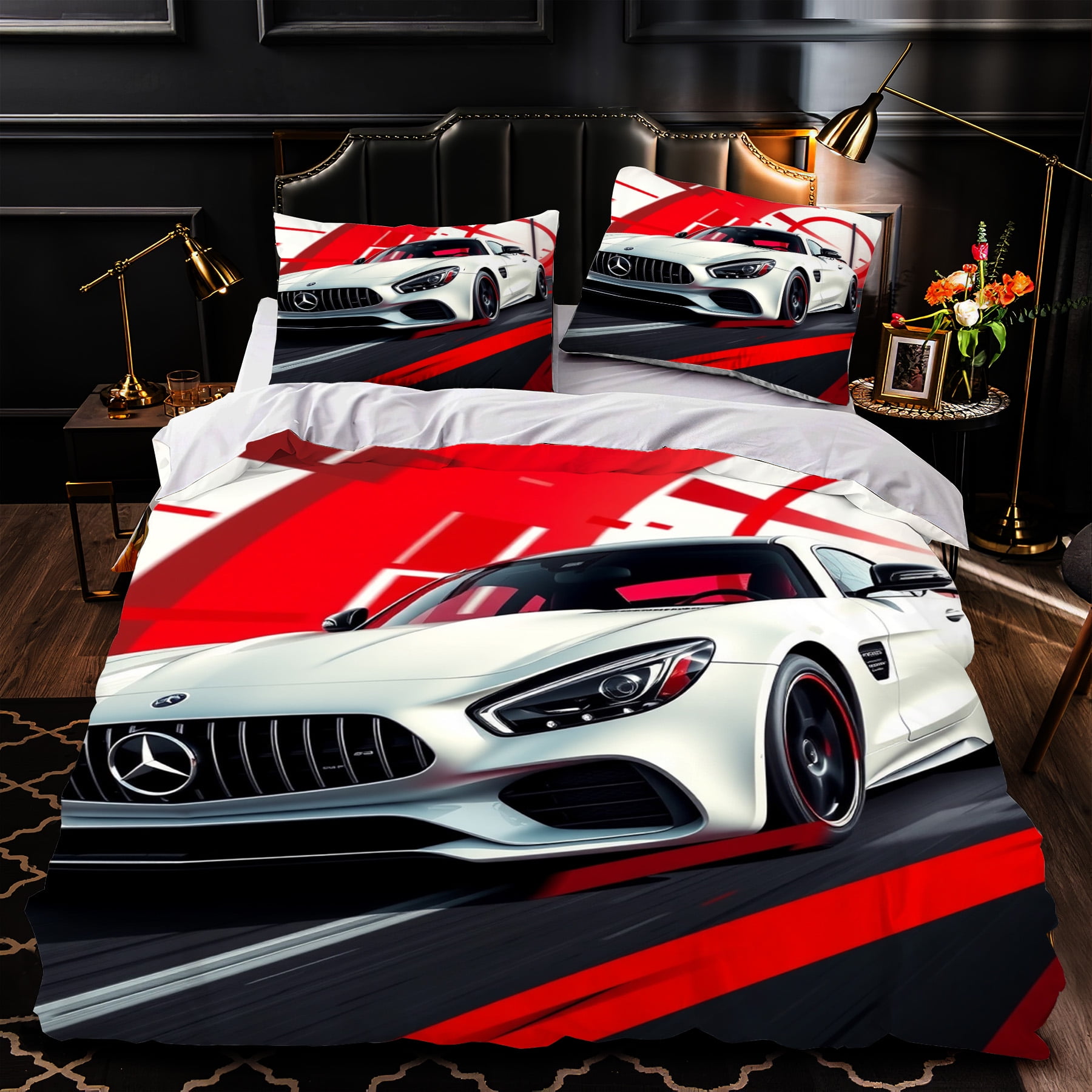 3 Piece Duvet Cover Set with Sports Car Design White Bedding with Red 3 Piece Duvet Cover Set with Sports Car Design White Bedding with Red
