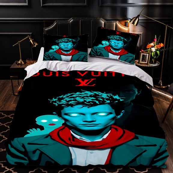 3-Piece Duvet Cover Set with Striking Blue - Toned Figure & Ghostly Face Design Black & White Color Scheme Stylish Modern Bedroom Decor