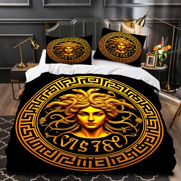 3-Piece Duvet Cover Set with Striking Circular Emblem Design Golden Figure & Intricate Patterns Modern Aesthetic for Stylish Bedrooms