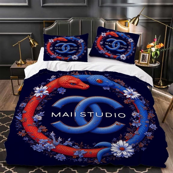 3-Piece Duvet Cover Set with Striking Red & Blue Serpentine Design Floral Patterns on Dark Blue Modern Bedroom Decor
