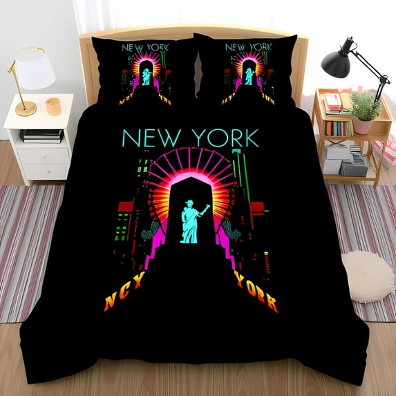 3-Piece Duvet Cover Set with Vibrant Design Colorful Geometric Shapes Perfect for New York Lovers Black Bedspread with Nightstand Accessories