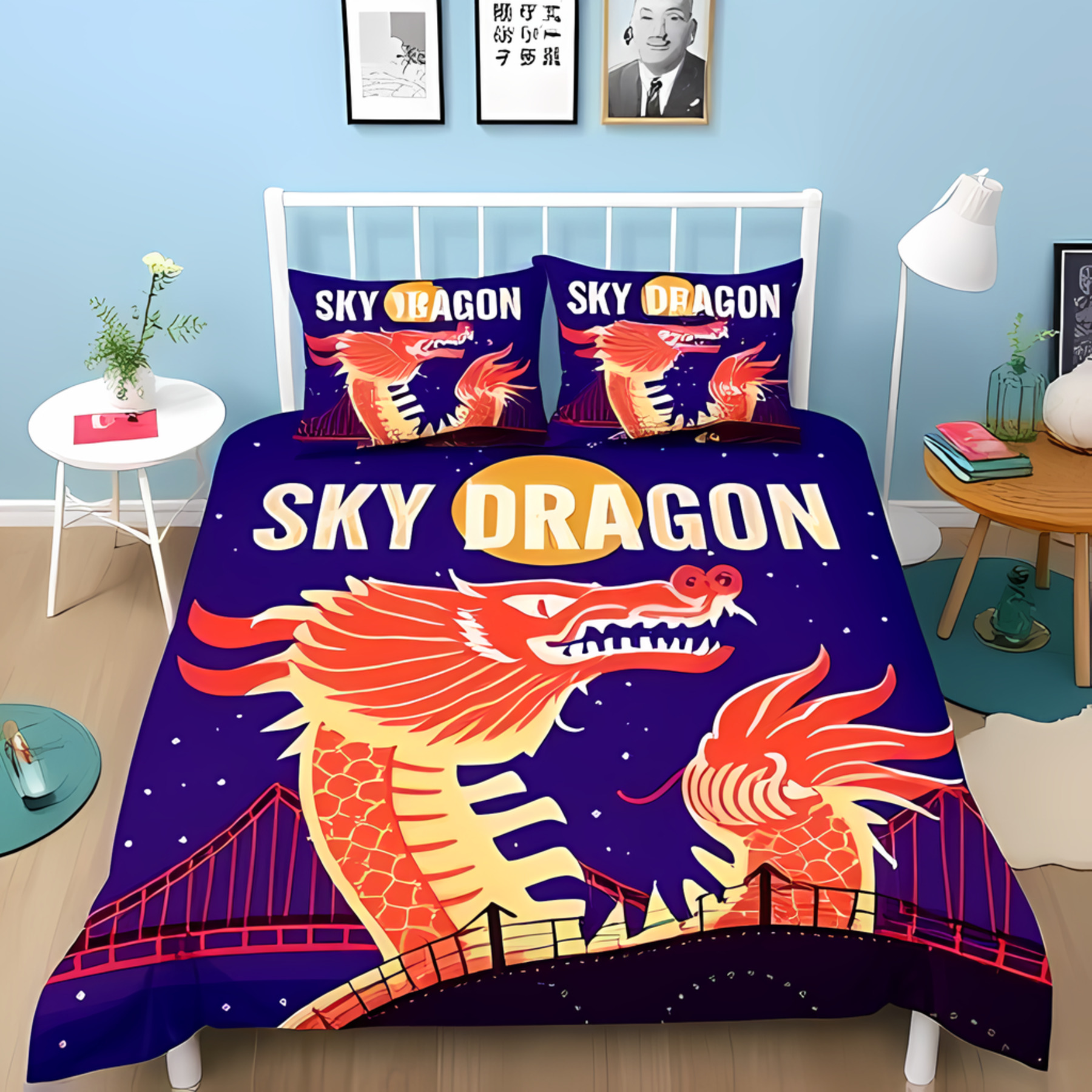 Blue Green Egg Skin Dragon Pattern Print Duvet Cover Bedding Set main image 1