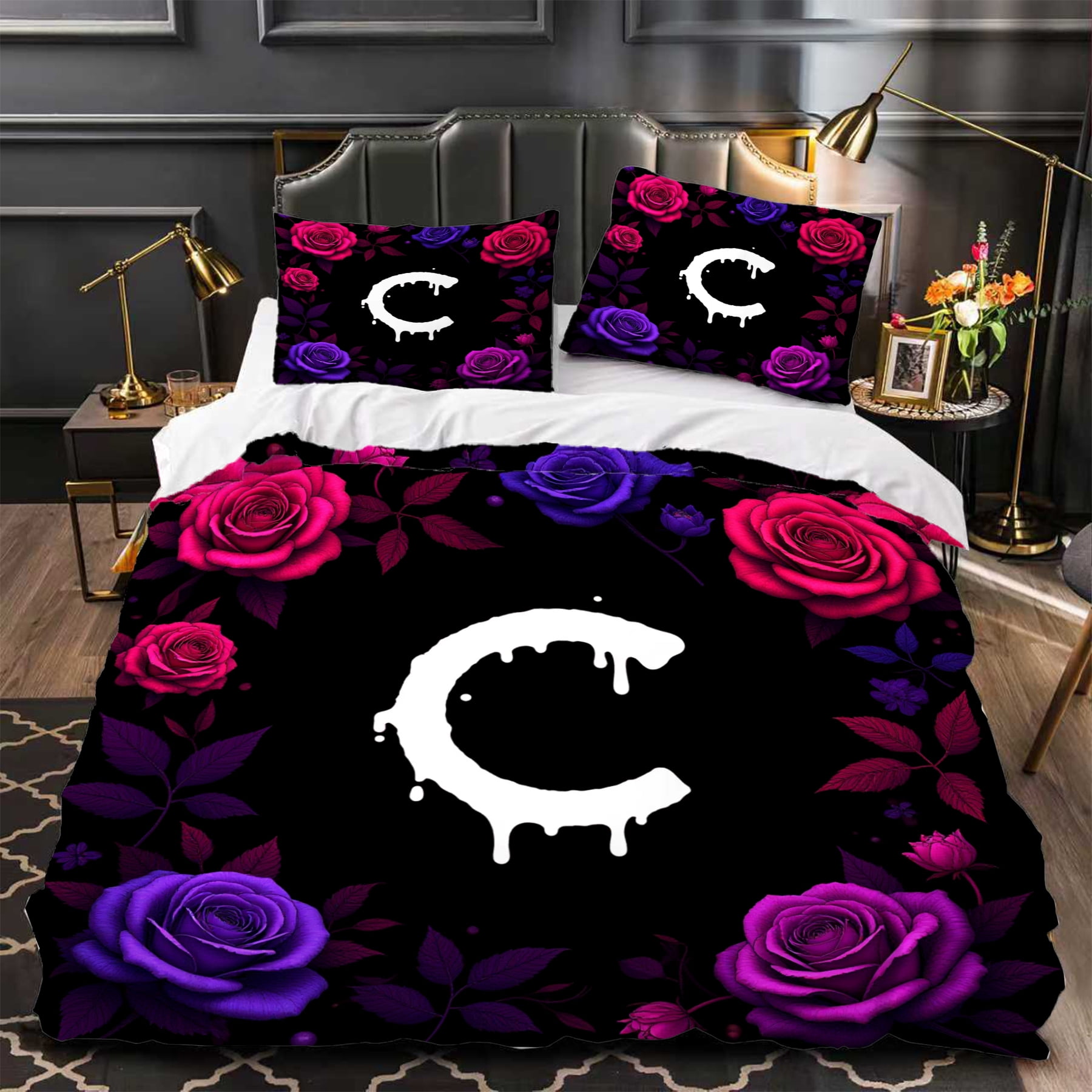 3-Piece Duvet Cover Set with Vibrant Floral Patterns in Pink Purple ...
