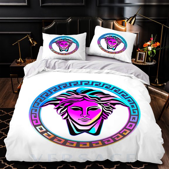 3-Piece Duvet Cover Set with Vibrant Greek Key Pattern & Stylized Face Design - Colorful Modern Bedding for Stylish Bedrooms
