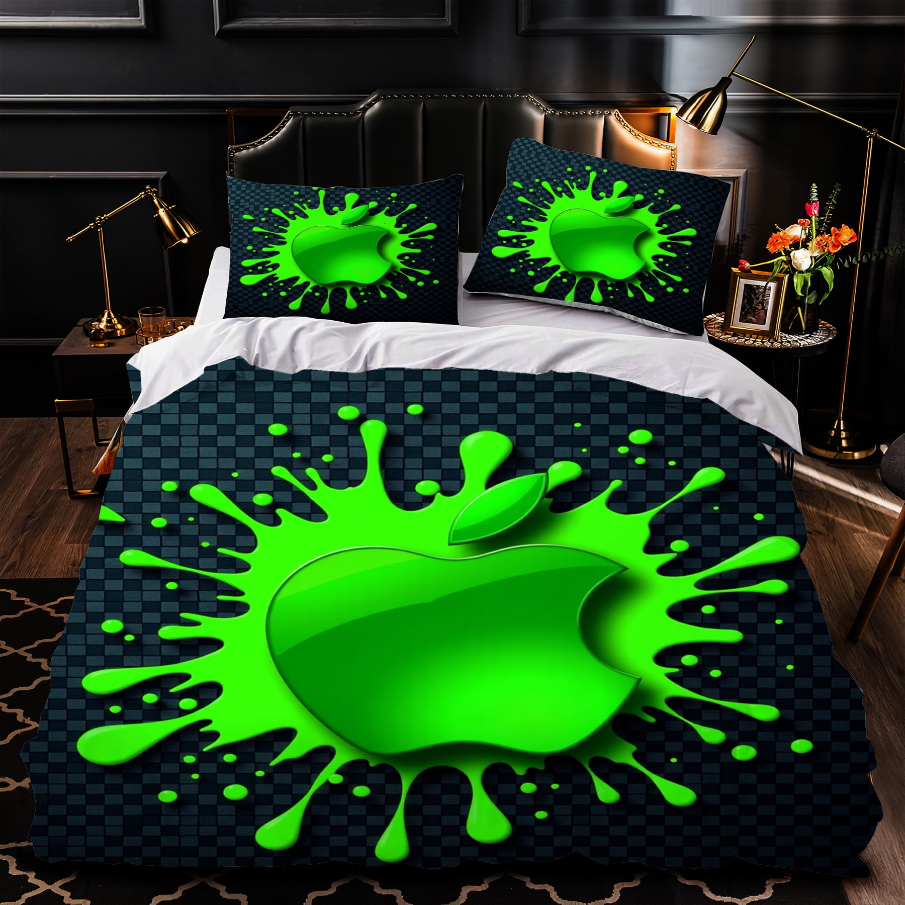 3Piece Duvet Cover Set with Vibrant Green Splash Design on Dark
