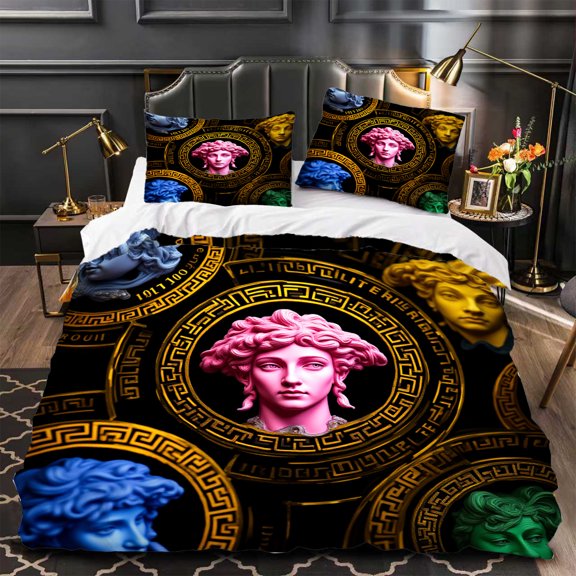 3-Piece Duvet Cover Set with Vibrant Intricate Pattern & Central Figure Perfect for Modern Bedroom Decor