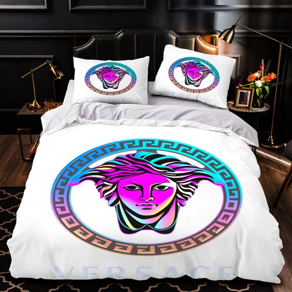3-Piece Duvet Cover Set with Vibrant Multicolored Stylized Face Design & Greek Key Pattern Luxurious Modern Bedding