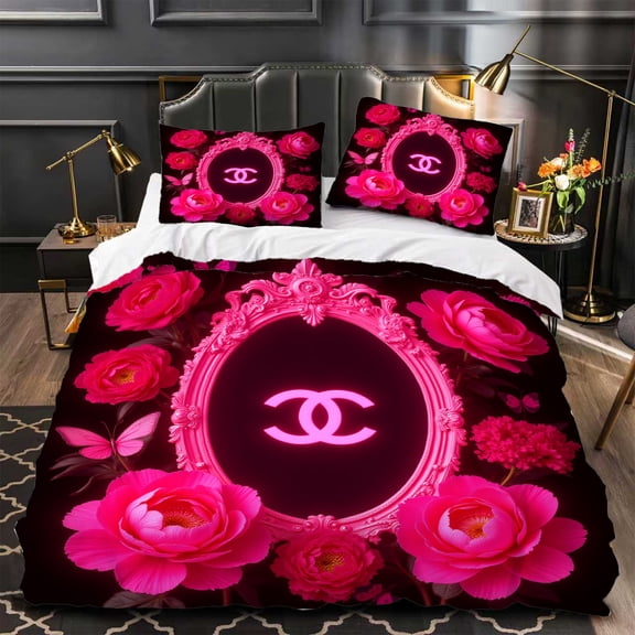 3-Piece Duvet Cover Set with Vibrant Pink Floral Pattern on Dark Background Elegant ' C ' Motif Modern Gray Aesthetic