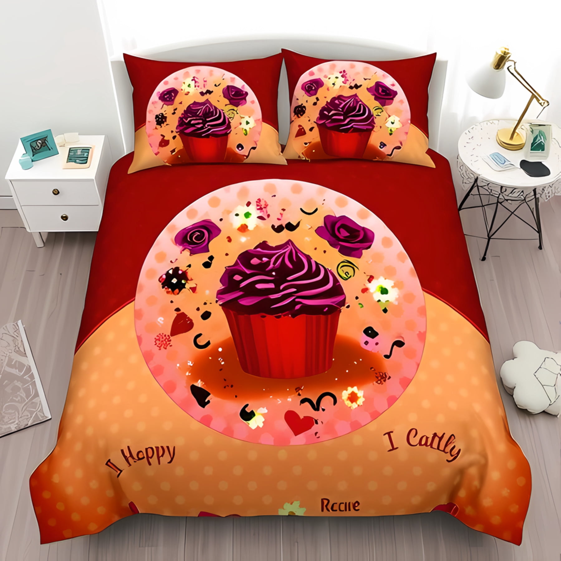 3-Piece Duvet Cover Set with Vibrant Red Cupcake Design Playful ...