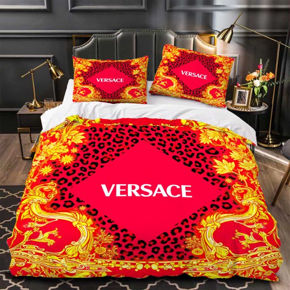 3-Piece Duvet Cover Set with Vibrant Red and Gold Floral Pattern Includes - Printed Pillows Modern Bedding