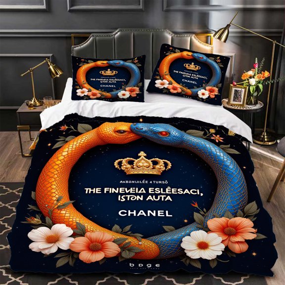 3-Piece Duvet Cover Set with Vibrant Serpent Design Intricate Floral Patterns Dark Background Perfect for Elegant Bedrooms