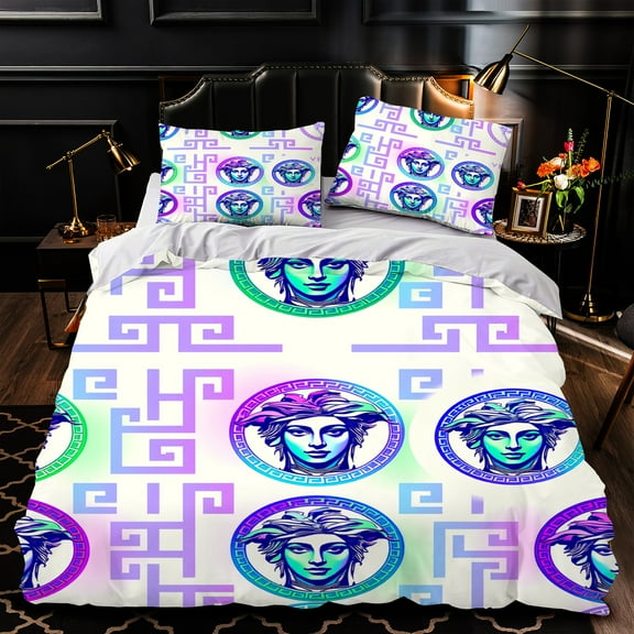 3-Piece Duvet Cover Set with Vibrant Stylized Face Design & Greek Key Patterns - Elegant Bedding for Modern Bedrooms