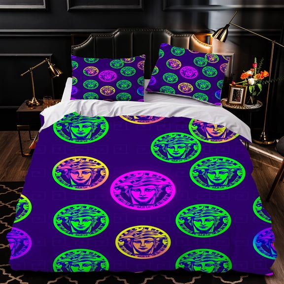 3-Piece Duvet Cover Set with Vibrant Stylized Face Pattern & Circular Designs - Modern Elegant Bedding for Bedrooms