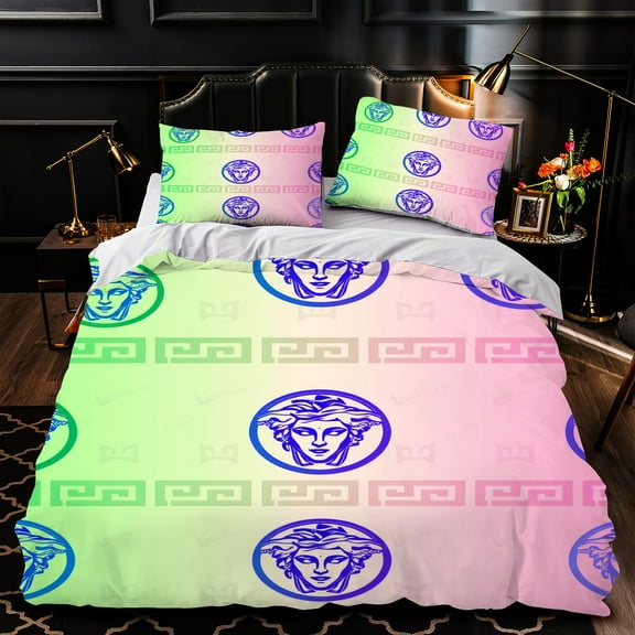 3-Piece Duvet Cover Set with Vibrant Stylized Face Pattern & Greek Key Design Gradient Green to Pink Bedding Includes Matching Pillows
