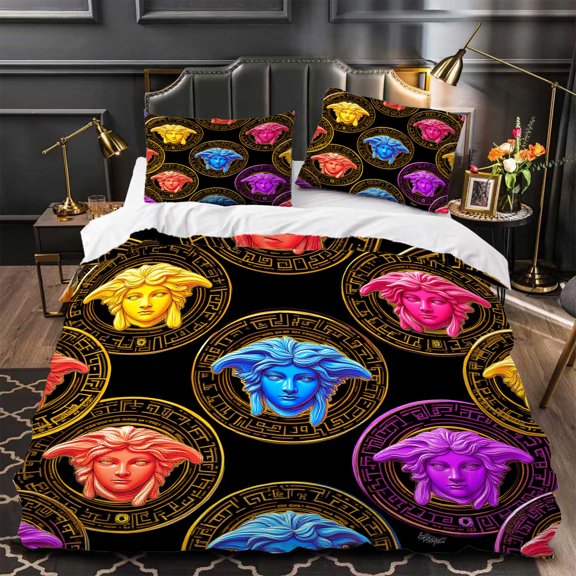 3-Piece Duvet Cover Set with Vibrant Stylized Face Pattern in Circular Frames Luxurious Modern Design for Contemporary Bedrooms