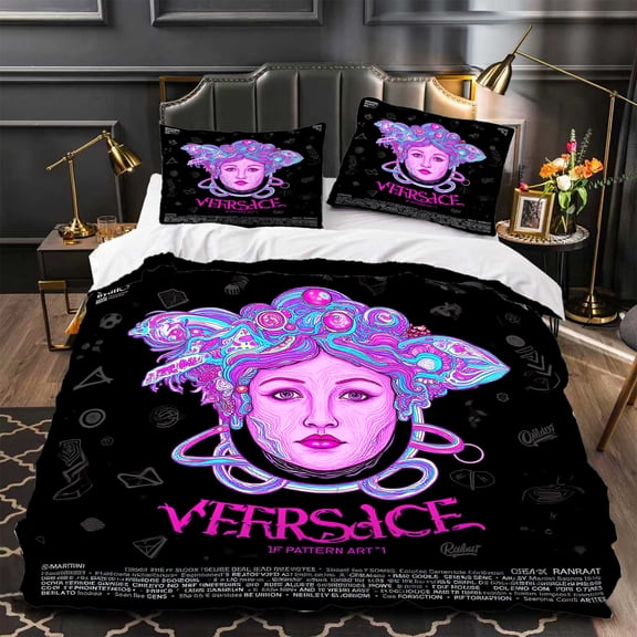 3-Piece Duvet Cover Set with Vibrant Woman's Face Design Swirling Patterns & Geometric Shapes Black & White Bedding