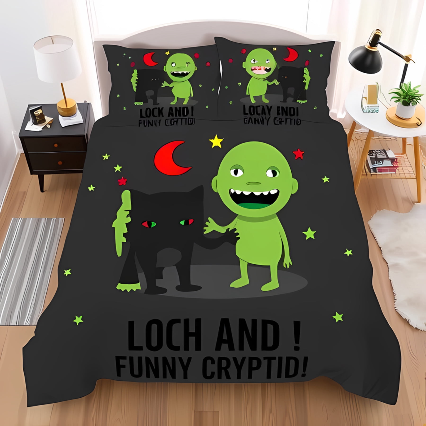 3-Piece Duvet Cover Set with Whimsical Green Cryptid & Black Cat Design ...
