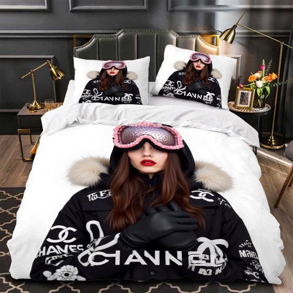 3-Piece Duvet Cover Set with Winter-Themed Design Featuring Stylish Black Jacket & Pink Pattern Modern Chic Bedroom Decor