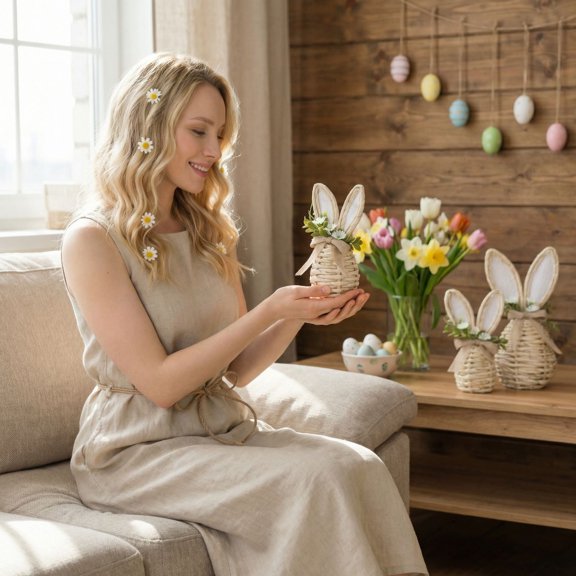 3-Piece Easter Bunny Basket Set - Natural Rattan Wicker Decor with Floral Accents & Spring Vibes