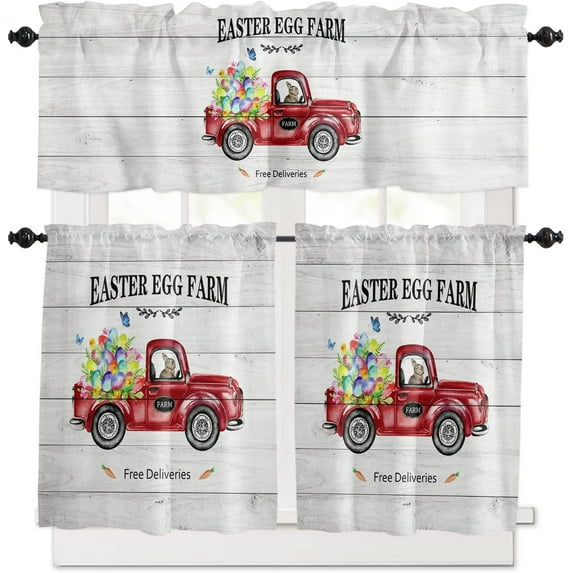 3 Piece Easter Bunny Butterfly Eggs Carrots Kitchen Curtains, Tier and Valance Rod Pocket Window Curtains Set Vintage Red Truck Cafe Curtains for Kitchen Valances Window Treatment 54X18in+27x24in×2