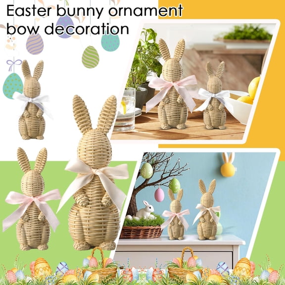 3-Piece Easter Bunny Ornament Decoration With Rattan Effect Easter Bunny Garden Statue With Bow, Natural Wicker Effect Design, 9.8/5.9/9 Inches Sizes, Versatile Decor For